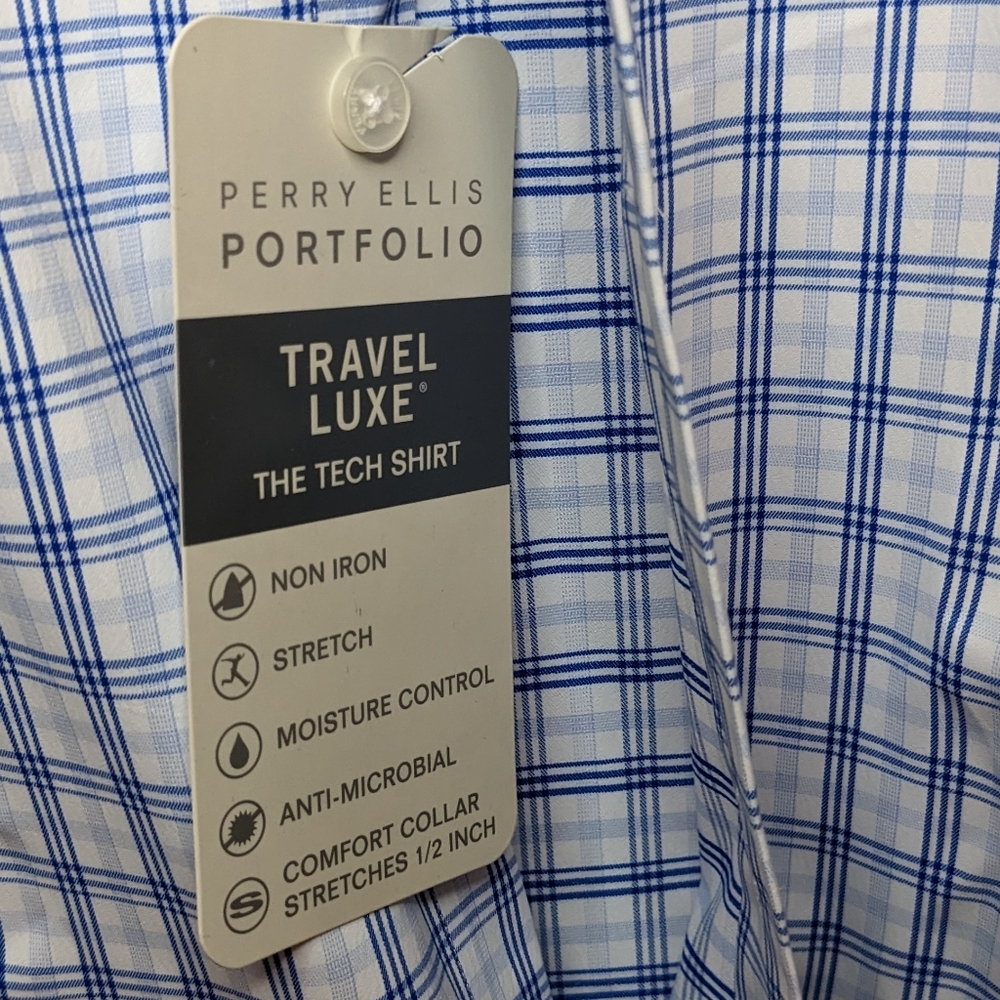NWT Perry Ellis Portfolio Travel Luxe Blue Check Tech Shirt Neck 16 34/35 💙✨ - Picture 11 of 12
